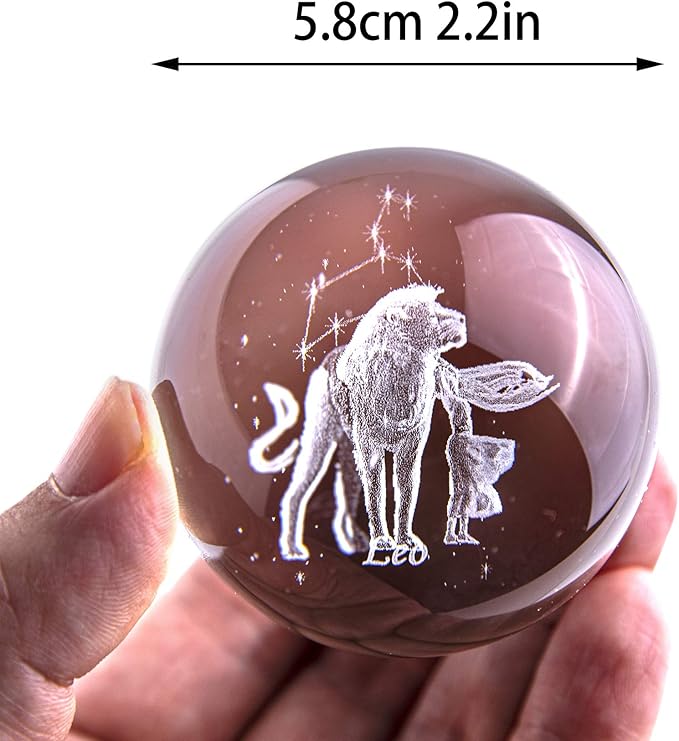 Crystal 3D Constellation Ball Crystal Paperweight Full Sphere Glass Fengshui with Sliver-Plated Flowering Stand(Leo)