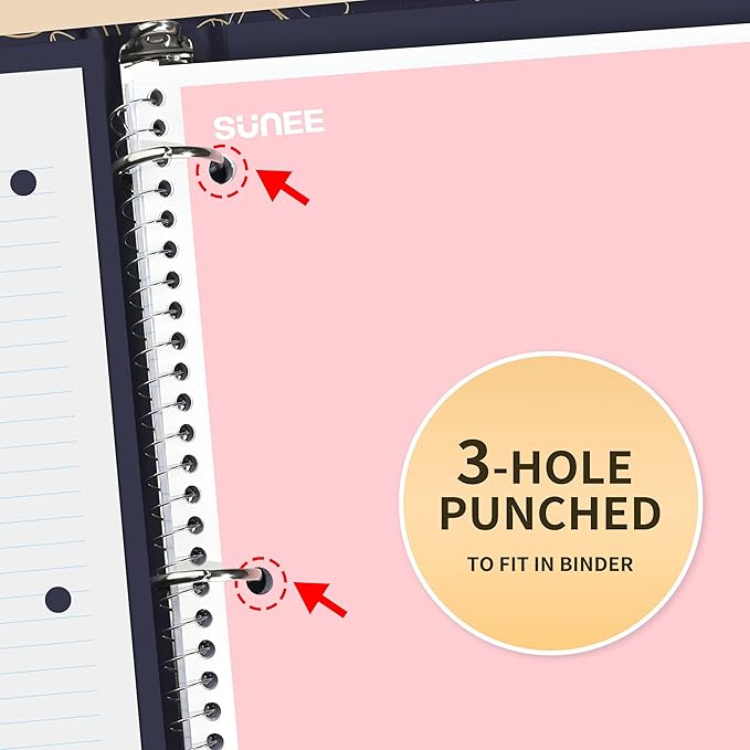 SUNEE Spiral Notebooks College Ruled, 1-Subject, 4 Pack, 8 x 10-1/2 in, 70 Sheets, 3-Hole Punched 70gsm Paper, Pastel Pink, Purple, Blue, Green for School, Home & Office, Writing Journal