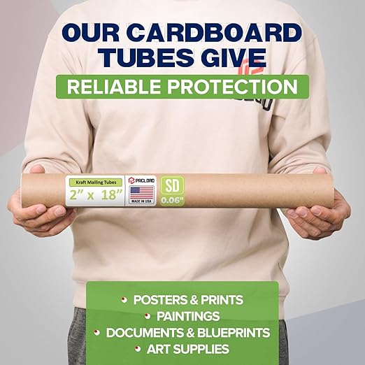Paclord 2" x 18" Reinforced Kraft Paper Mailing Tube, Pack of 4 Tubes with 8 Caps – Secure USPS Approved Poster Tube – Cardboard Tube for Shipping and Storing Posters, Prints, Artwork, or Documents