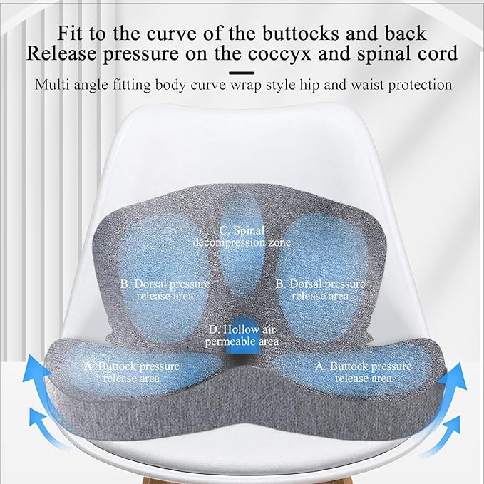 Mosxoed Ergonomic Seat Cushion with Adjustable Strap, Memory Foam Office Chair Seat Cushion with L-Shaped Design, Car Seat Cushion Fits for Truck Driver Semi Truck, Gaming Chair, Desk, Light Gray