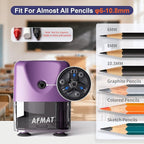 AFMAT Electric Pencil Sharpener Heavy Duty, Cordless & Rechargeable, Classroom Pencil Sharpener for 6-11mm No.2/Colored Pencils, Auto Stop, Fast Sharpen, Save Pencil, 10,000 Sharpenings, Purple, PSD3