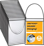 PercyEffie 15 Pack Job Ticket Holders 9 x 12 Inch Dry Erase Pocket Sleeves Clear Document Holder with Hanging Strap Work Order Reusable Repair Plastic Sleeves Shop Ticket Holders(Black)