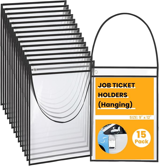 PercyEffie 15 Pack Job Ticket Holders 9 x 12 Inch Dry Erase Pocket Sleeves Clear Document Holder with Hanging Strap Work Order Reusable Repair Plastic Sleeves Shop Ticket Holders(Black)