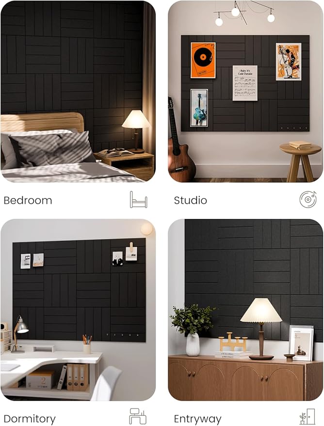 Fluxynara Felt Bulletin Board Tiles Large 48" x 36" Cork Board Alternative-12 Pack with 70 Adhesive Tabs, Thick Slat Wall Panels for Office Decor, Push Pin Board Wall Organizer Alternative -Black