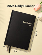 SUNEE 2026 Daily Planner A5 Hardcover – Hourly Schedule Organizer with Monthly Tabs & Task Tracker – Black Cover Time Management Notebook for Work, School, Personal Goals