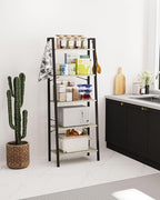 Hzuaneri Ladder Shelf, Bookshelf Bookcase, Freestanding Corner Storage Shelve with 2 Hooks for Home Office, Living Room, Kitchen, Bedroom, Industrial, 11.8" D x 23.6" W x 63" H, Greige BC19305B