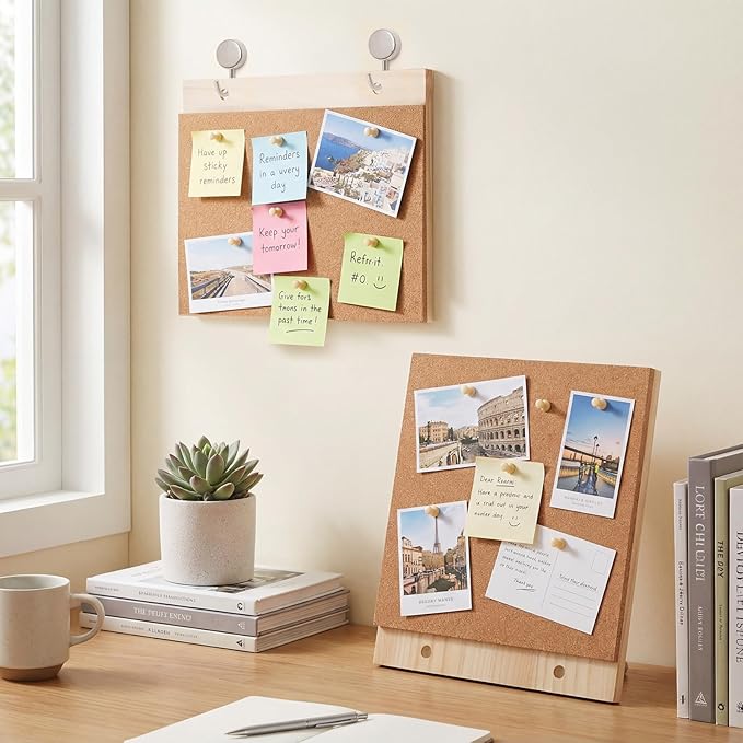 Fiwochic 2 Pcs Desktop Cork Board 9.8'' x 8.3'' Wood Frame Bulletin Board with 12 Push Pins Display Message Memo Picture Boards for Home Office School Wall Decor