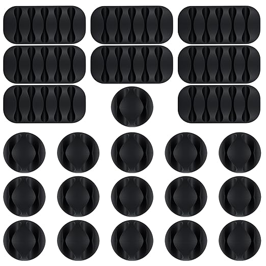 Sorcristy Cable Clips Cord Holder - 24 Pack Black Adhesive Cable Organizer for Desk, Car, Nightstand - Cord Management Clips for Phone Chargers, USB, Computer Cables