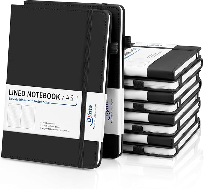Dynta Hardcover Journal Notebooks 10 Pack A5 Lined Journals Bulk 5.8 x 8.4 Inch 160 Pages/80 Sheets College Ruled with Pen Loop Notebooks for Work, Writing, Note Taking (Black)