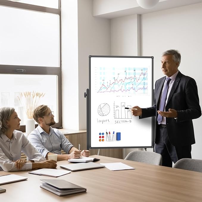 Double-Sided Corkboard Whiteboard, 32 x 48 Inches Dry Erase Board on Wheels, Height Adjustable, Portable Freestanding Board for Office, Planning, and Presentations (Cork & Black)