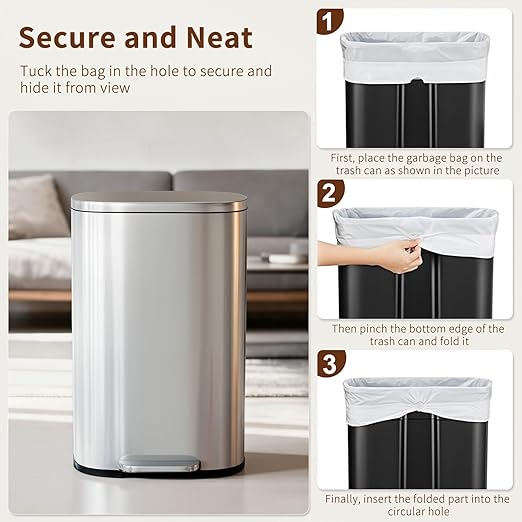 PayLessHere 13 Gallon (50L) in Home Recycling Bin Kitchen Stainless Steel Recycling Bin with Lid Removable Inner Bucket Foot Pedal Soft Close for Office Home Kitchen Garbage Can Trash Bin