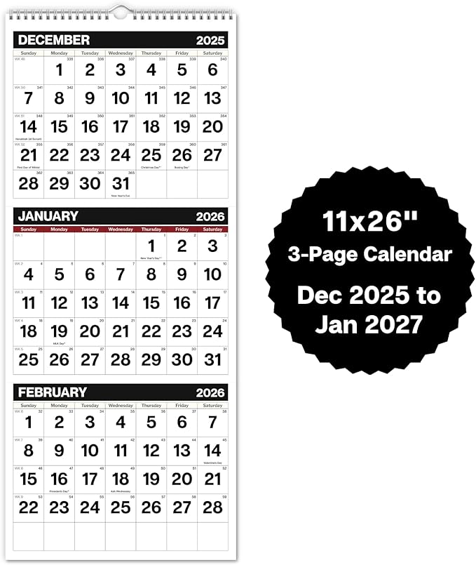Dunwell 3-Month Wall Calendar 2026, Large Monthly Hanging Calendar with Big Bold Numbers, Easy to Read from a Distance, Use to Dec 2026, For Office or Home, 11x26 Open, Ships Folded