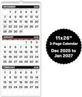 Dunwell 3-Month Wall Calendar 2026, Large Monthly Hanging Calendar with Big Bold Numbers, Easy to Read from a Distance, Use to Dec 2026, For Office or Home, 11x26 Open, Ships Folded