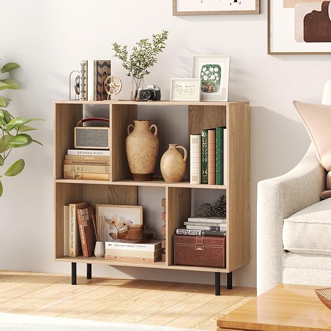 Tangkula 4 Cubby Open Bookcase, 3-Tier Freestanding Bookshelf with Detachable Metal Legs, Anti-toppling Device, Anti-Falling Baffles, Modern Cubicle Display Shelf (1,Natural)