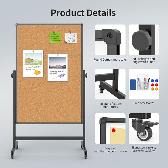 Double-Sided Corkboard Whiteboard, 32 x 48 Inches Dry Erase Board on Wheels, Height Adjustable, Portable Freestanding Board for Office, Planning, and Presentations (Cork & Black)