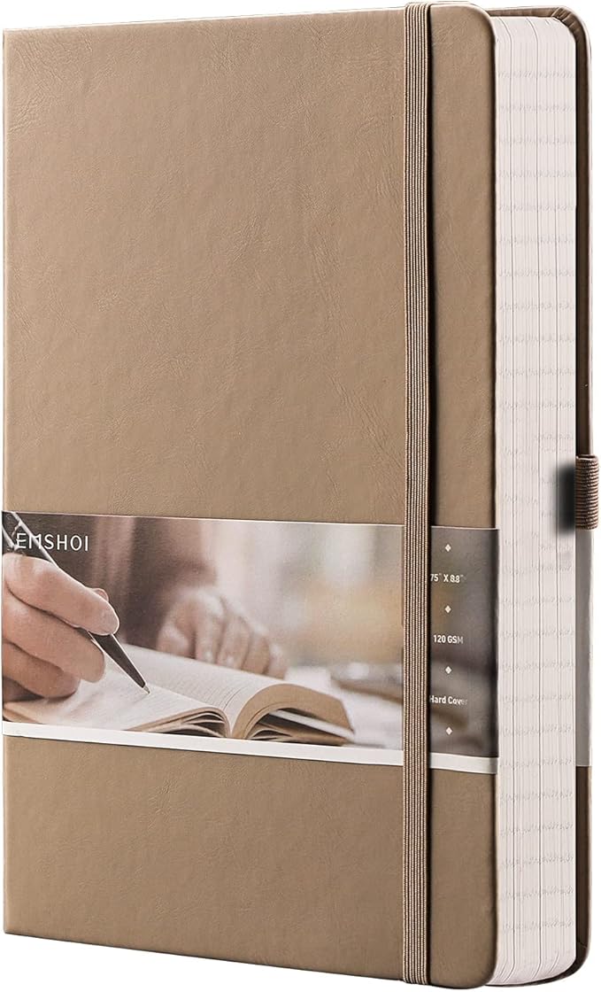 EMSHOI Lined Journaling Notebook - 120gsm Leather Journal with Sticky Notes & 256 Numbered Pages, A5 Hardcover College Ruled Notebook for Work, School, Writing, 5.75”x8.38” - Khaki