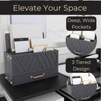 BLU MONACO | Grey Three-Tier Desktop Mail Organizer with Gold Label Holders & Drawer | Stylish Mail Holder and Countertop Document Storage for Home or Office
