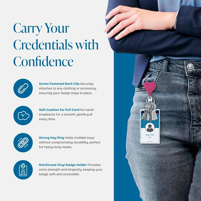 Will Well Badge Holders with Belt Clips for Securing onto Pockets and Purse Straps, with Retractable 27.5" UHMWPE Fiber Pull Cords, Strong Build with Fun Designs - 2-Pack, Heart Shape