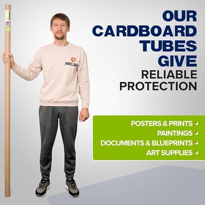 Paclord 2" x 72" Reinforced Kraft Paper Mailing Tube, Pack of 6 Tubes with 12 Caps – Secure USPS Approved Poster Tube – Cardboard Tube for Shipping and Storing Posters, Prints, Artwork, or Documents
