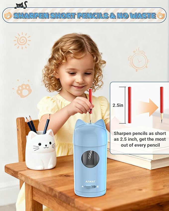 AFMAT Electric Pencil Sharpener, Pencil Sharpener for Kids, Auto in & Out, Colored Pencil Sharpeners for φ7-8mm Pencils, Rechargeable & Cordless, Fully Automatic Hands-Free for Classroom Home PSX9