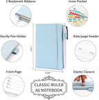 feela 15 Pack Pocket Small Notebooks Bulk, Mini Cute Memo Notepads Hardcover College Ruled Lined Journals with Pen Holder for Women Girls Office School, with 15 Black Pens, 3.5”x 5.5”, A6, Light Blue