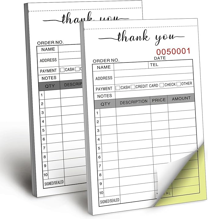 6 Pack Thank You Receipt Book, 3.4x5.5" Handheld 2-Part Carbonless Sales Invoice Book, Invoice Pad with Cardboard for Small Boutique Business, (50 Sets)