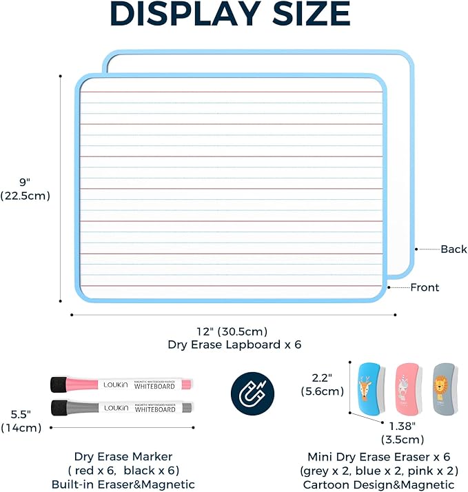 LOUKIN 6 Pack Small Dry Erase Lapboard, 9 x 12 Inch Double Sided (Ruled/Plain), Seamless Frame Mini Magnetic Lined Whiteboard Set, Great for Office (12 Markers&6 Erasers Included)