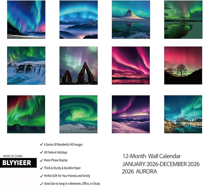 2026 Wall Calendar, Aurora Wall calendar 2026, 12" x 24" Opened, Thick Glossy Paper, Home and Office Organizer