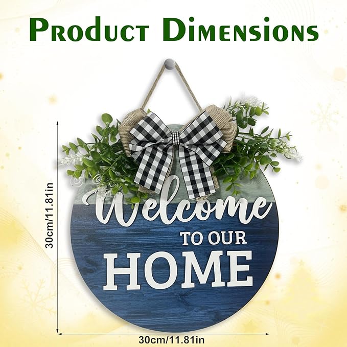 VPDTVK Welcome Sign for Front Door, Rustic Welcome Door Sign Outdoor Wreaths Decor for Spring Summer Autumn and Winter All Seasons Holiday Halloween Christmas(Blue)