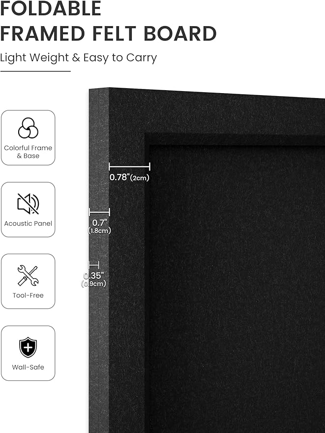 Fluxynara Felt Cork Board Alternative, Felt Bulletin Board 16" x 12" Black Frame with 8 Adhesive Tabs, Pin Board for Home Office, Classroom, Entryway, Kitchen Wall Decor—Black