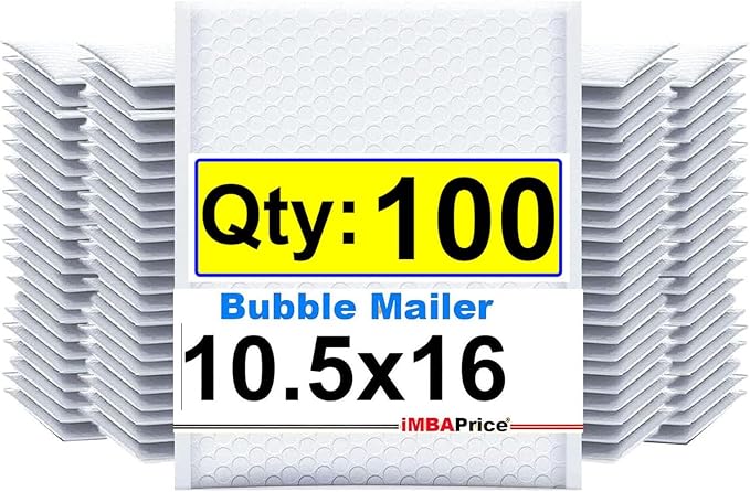 iMBAPrice 10.5x16 Inch White Poly Bubble Mailers #5, 100-Pack Large Padded Envelopes, Self-Seal Polybubble Shipping Bags for Mailing & Packaging