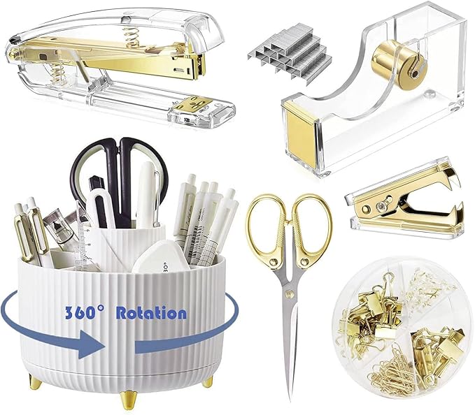 Gawsey Desk Organizers and Accessories Set with 360-Degree Rotating Pen Holder, Acrylic Stapler, Tape Holder, Staple Remover, Binder/Paper Clips Kit, Scissor and 1 Box of Staples