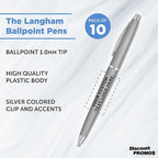 DISCOUNT PROMOS Custom Langham Ballpoint Pens Set of 10, Personalized Bulk Pack - Black Ink, Great for Office, School, Business, Tradeshows - Silver