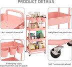 JIUYOTREE 4-Tier Plastic Rolling Storage Cart Utility Cart with Extra Hanging Cups Handles Lockable Wheels for Living Room Bathroom Kitchen Office Pink