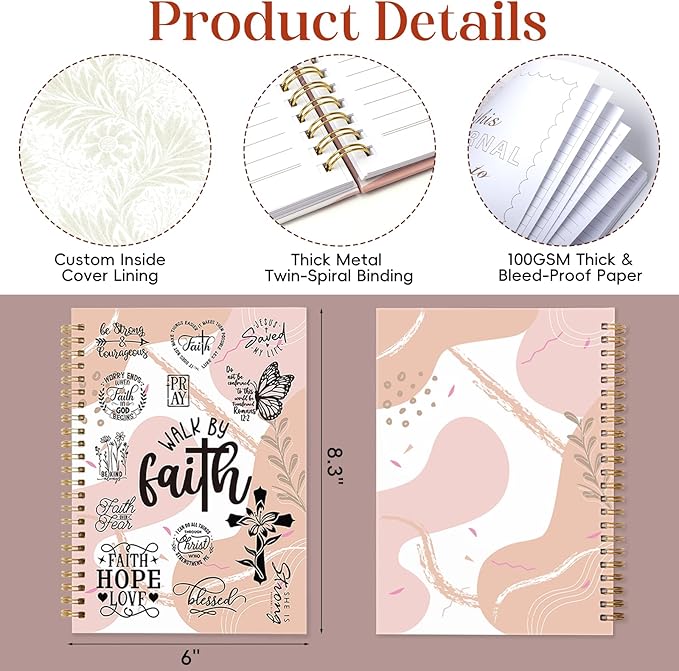 XKDOUS Hardcover Spiral Notebook with Tabs and Bible Tracker, College Ruled Notebook Journal, Church Notes Journal for Women, Bible Journal, Blank Notebooks for Work School Note taking, Pink