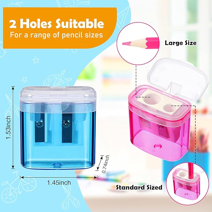 Teling 180 Pcs Manual Pencil Sharpeners Bulk Handheld Dual Holes Pencil Sharpeners for Kids Colorful Portable Compact Sharpener with Lid for Students School Class Home Office Supply