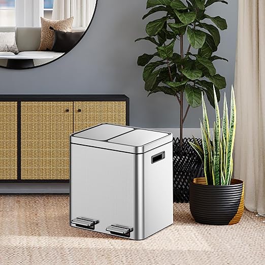 OUTLANE 30L Stainless Steel Double Compartment Trash Can, Foot Pedal, Soft Close Lid, Removable Buckets, Fingerprint Resistant, Home/Office/Bathroom Bin, 37.6x42.8x46.8cm