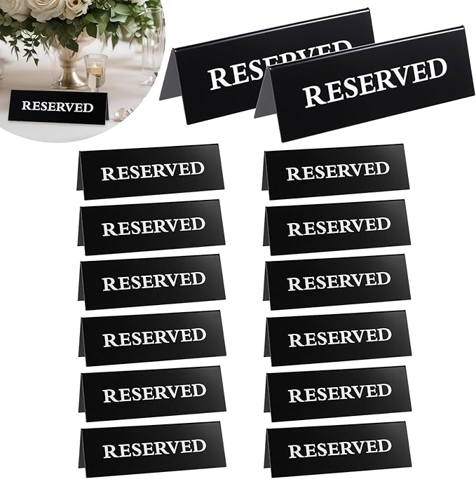 14 Pcs Reserved Table Signs, Black Reserved Signs Reserved Seating Signs, Reserved Table Signs Acrylic Reserved Table Tent Signs, Reservation Seat Signs for Wedding Restaurant Office Meeting Chairs