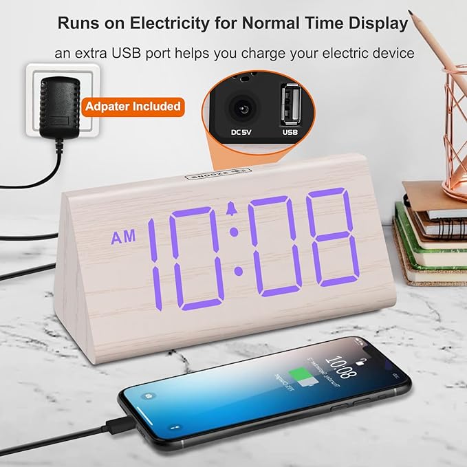 DreamSky Wooden Digital Alarm Clock for Bedroom - RGB Electric Desk Clock with Large Numbers, USB Port, Loud Alarm for Heavy Sleepers, Dimmer and Volume Control, Snooze, Wood Décor (Adapter Powered)