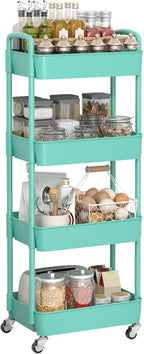 Sywhitta 4-Tier Plastic Rolling Utility Cart with Handle, Multi-Functional Storage Trolley for Office, Living Room, Kitchen, Movable Storage Organizer with Wheels, Green