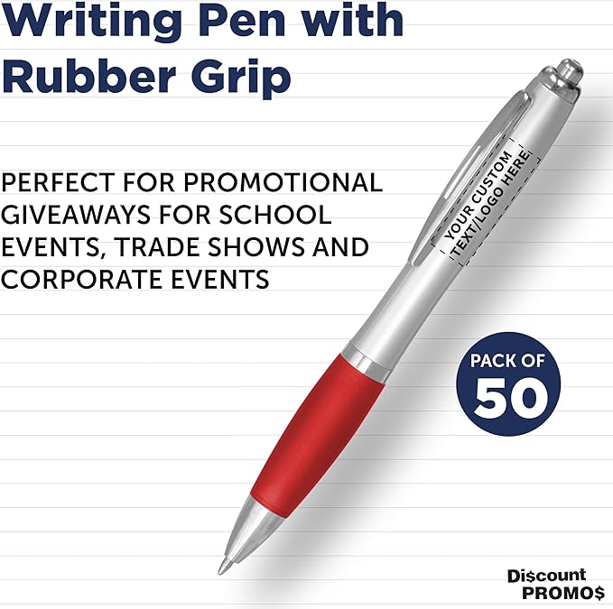 DISCOUNT PROMOS Personalized Ballpoint Pens With Rubber Grip, 50 pack Customizable Ergonomic Click-to-Write Custom Writing Pens for School with Black Ink, Red