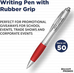 DISCOUNT PROMOS Personalized Ballpoint Pens With Rubber Grip, 50 pack Customizable Ergonomic Click-to-Write Custom Writing Pens for School with Black Ink, Red
