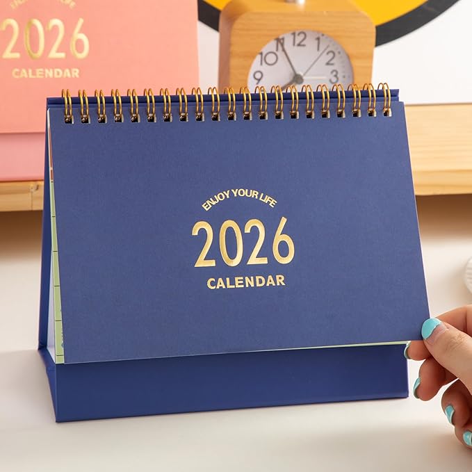Small Desk Calendar 2026, Standing Flip Desktop Calendar from Now to December 2026 - Metal Ring Twin-Wire Binding Monthly Desktop Calendar for Home Office School (Blue)