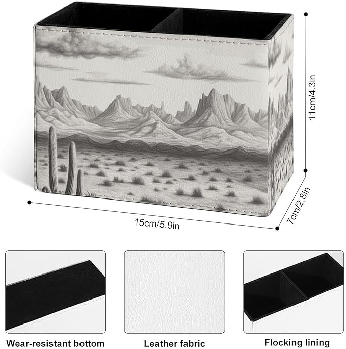 Famame Vintage Desert Mountains Pencil Holder for Desk, Leather Desktop Container Pen Cup Storage Study Table Pen Organizer Makeup Brush Holder for Classroom Office Home