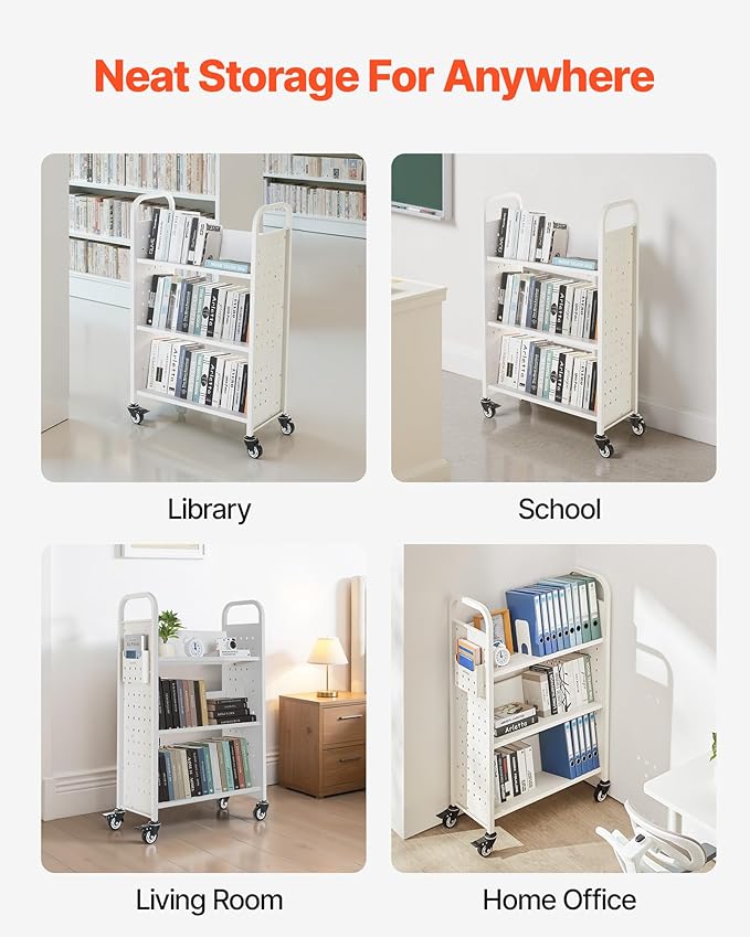 VEVOR Rolling Library Book Cart, 330 lbs Capacity, 30.3 x 15 x 48.0-Inch Library Cart, Single Sided V-Shaped Shelves with 3-Inch Lockable Wheels, Book Truck for Home Shelves Office and School, White