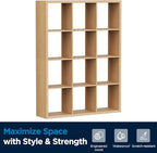 Jpiziso 12-Cube Storage Organizer, Wooden Cube Shelf Bookcase with Reinforced Thick Shelves, Heavy-Duty 36.93" L x 9.37" W x 48.82" H, for Living Room Bedroom Home Office, Natural-Oak