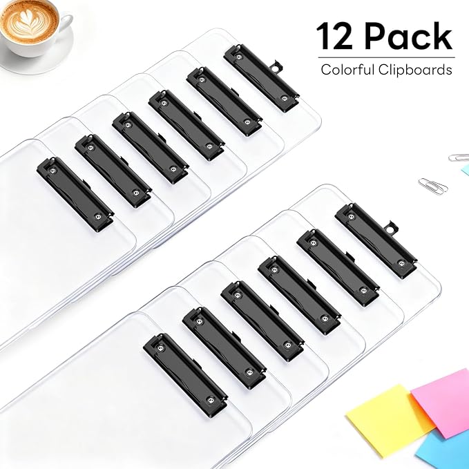 Zoenley A4 Plastic Clipboard Set of 12, Clear 12.5 x 9 Letter Size for Classroom, Students, Teacher, Nurse, A4 Transparent 8.5 x 11 Clip Board with Low Profile Black Clip, Office & School Supplies