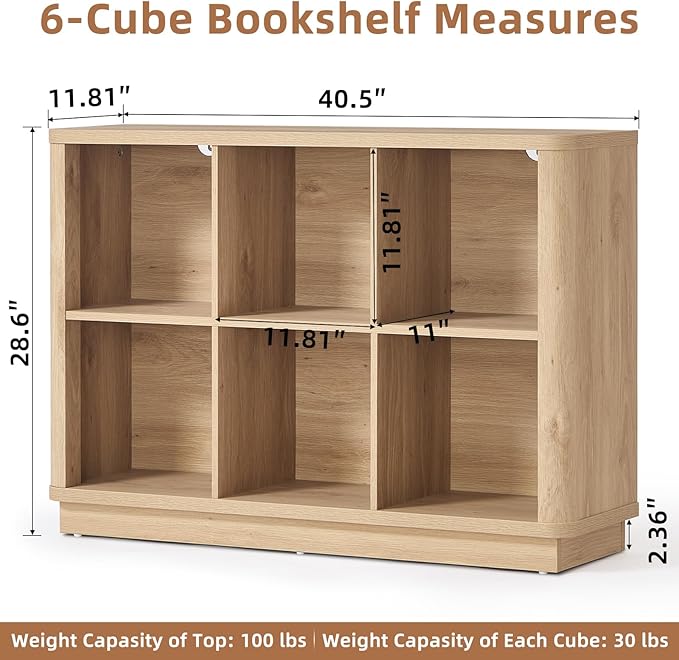 Joaxswe 6 Cube Storage Book Shelf, 40" Wide Low Horizontal Bookcase with Curved Edge, Floor Standing 2-Tier Wooden Bookshelf with Base, Modern Short Book Case for Bedroom, Study, Entryway, Natural Oak