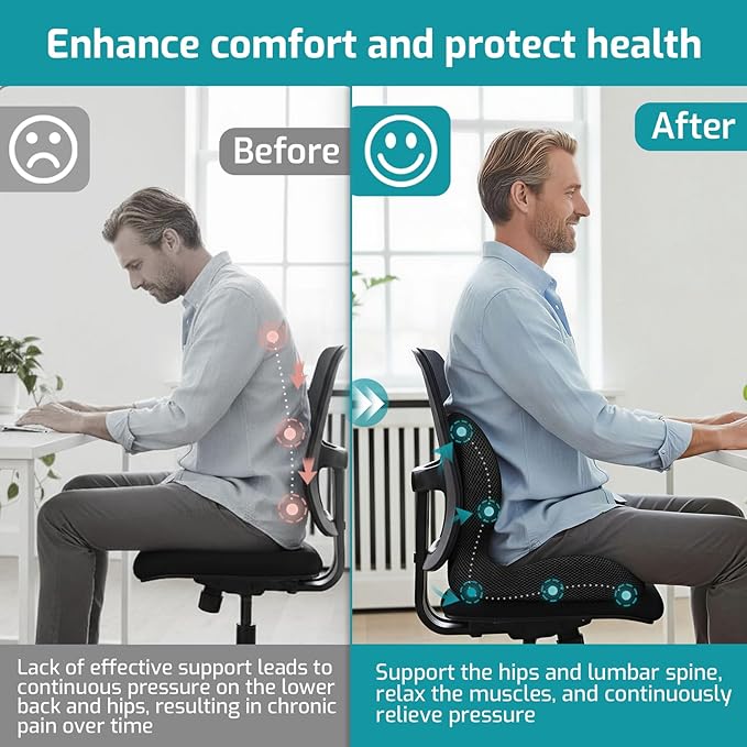 Memory Foam Seat Cushion,Office Chair Cushion with Lumbar Support,L-Shape Ergonomic Cushions with Strap,Non-Slip Sciatica,Hemorrhoids, Tailbone Pain Relief for Office Workers,Driver (Black+ Gray)