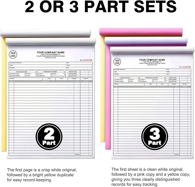 Custom Invoice Book with Logo 100 Set Personalized Receipt Books Customized Invoices for Small Business 2 - Parts Carbonless Duplicate Invoice Forms NCR Books